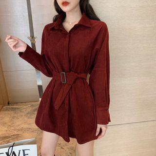 Plain Corduroy Long-sleeve Long Shirt