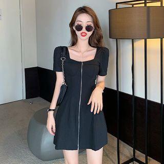 Short-sleeve Zipped Plain Dress