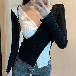 Two-tone Crisscross Knit Top Black & White - One Size