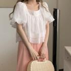 Short-sleeve Ruffle Trim Blouse / Wide Leg Pants