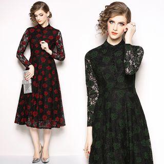 Long-sleeve Lace Flower Midi A-line Dress