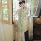 Long-sleeve Midi A-line Floral Qipao Dress