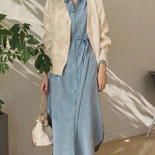 V-neck Button Cardigan/ Chiffon Midi Shirt Dress