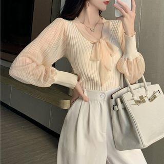 Long-sleeve Tie-neck Knit Panel Chiffon Blouse Almond - One Size