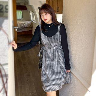 Cinch-waist Houndstooth A-line Overall Dress