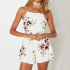 Set: Floral Print Cropped Camisole Top + Wide Leg Shorts