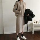 Knit Set: Kangaroo Hoodie + H-line Midi Skirt Beige - One Size