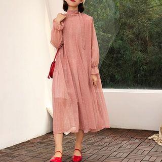 Ruffle-hem Dotted Chiffon Dress With Tie