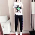 Short-sleeve Star Print T-shirt / Lettering Sweatpants / Set