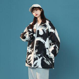 Stand Collar Print Zip-up Jacket