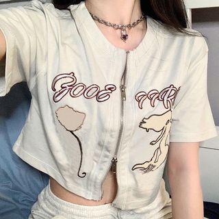 Short-sleeve Print Zip-up Crop Top