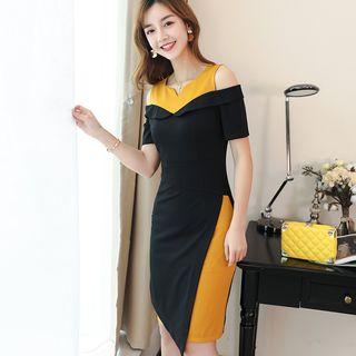 Color Block Cold-shoulder Sheath Dress