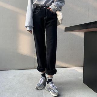 High-waist Straight-cut Contrast Trim Fleece Lined Jeans