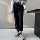 High-waist Straight-cut Contrast Trim Fleece Lined Jeans