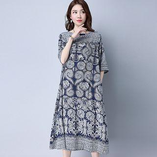 Printed Flared-sleeve Midi Shift Dress