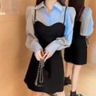 Set :long-sleeve Shirt + Spaghetti Strap Mini A-line Dress