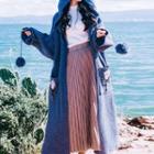 Flower Embroidered Hooded Open Front Maxi Cardigan Grayish Blue - One Size