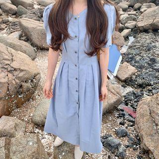 Short-sleeve Linen Blend Buttoned A-line Midi Dress