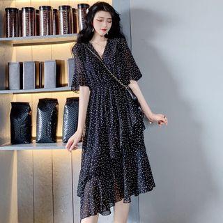 Dotted Ruffle Trim Elbow-sleeve Midi A-line Dress