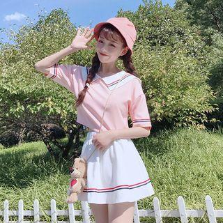 Set: Short-sleeve Collared Top + A-line Mini Skirt