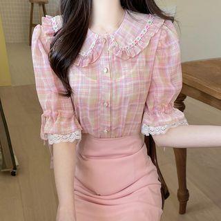 Collared Frilled Plaid Blouse