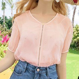 Star Embroidered Elbow Sleeve Chiffon Blouse