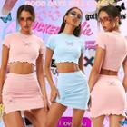 Set: Short-sleeve Butterfly Print Cropped T-shirt + Pencil Skirt