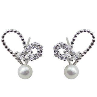 925 Sterling Silver Faux Pearl Rhinestone Heart Earring Silver - One Size