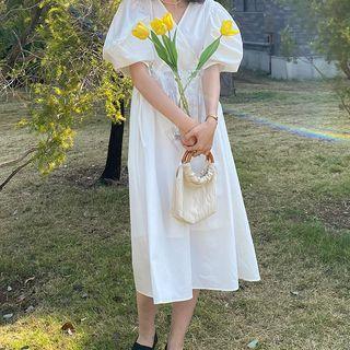 Puff-sleeve Plain Midi Wrap Dress