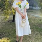 Puff-sleeve Plain Midi Wrap Dress