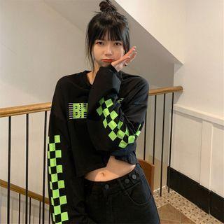 Long-sleeve Checkerboard Panel Top Black - One Size