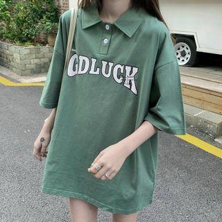 Elbow-sleeve Lettering Collar T-shirt