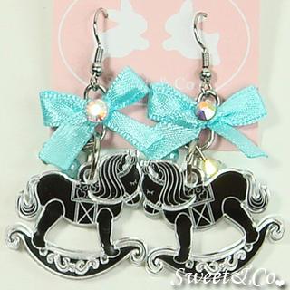Blue Ribbon Silver Rocking Horse Earrings