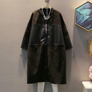3/4-sleeve Faux Leather Zip Long Jacket Black - One Size