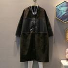 3/4-sleeve Faux Leather Zip Long Jacket Black - One Size