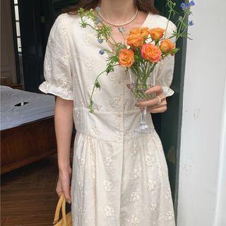 Short-sleeve Embroidered Midi A-line Dress Almond - One Size