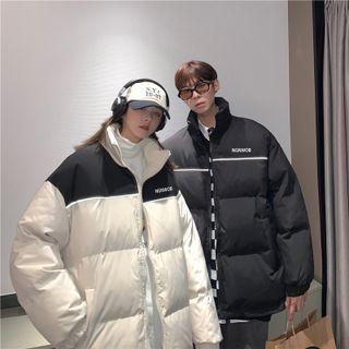 Long-sleeve Two-tone Letter Embroidered Padded Coat