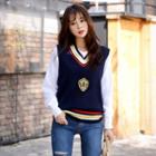 Contrast V-neck Embroidered Knit Vest