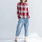 Collared Button-back Long-sleeve Plaid Top