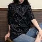 Elbow-sleeve Glitter Velvet T-shirt Black - One Size