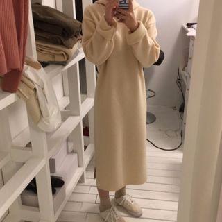 Side Slit Midi Knitted Hoodie Dress