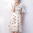 Short-sleeve Dotted Fringed Ruffled A-line Dress