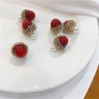 Faux Pearl Rhinestone Through & Through Earring 1 Pair - S925 Silver Stud - Red - One Size