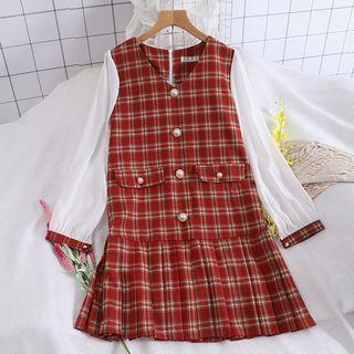 Plaid Panel Long-sleeve Pleated Dress