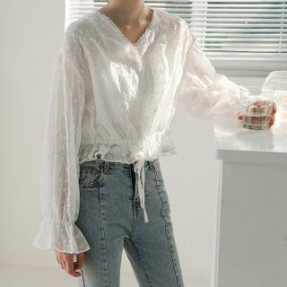 Bell-sleeve V-neck Lace Tie-waist Blouse