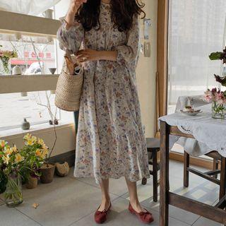 Keyhole-back Floral Long Tiered Dress Ivory - One Size