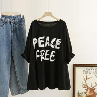 Elbow-sleeve Lettering Print Faux Pearl T-shirt