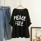 Elbow-sleeve Lettering Print Faux Pearl T-shirt