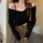 Long-sleeve T-shirt / Asymmetrical Crop Tank Top / Wide Leg Pants / Set