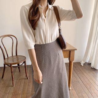 Collar-detail Open-placket Knit Top